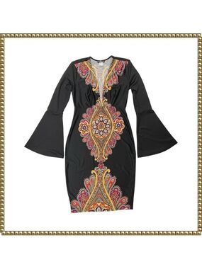 Venus Black V Neck Bell Sleeve Plunging Dress Extra Small
